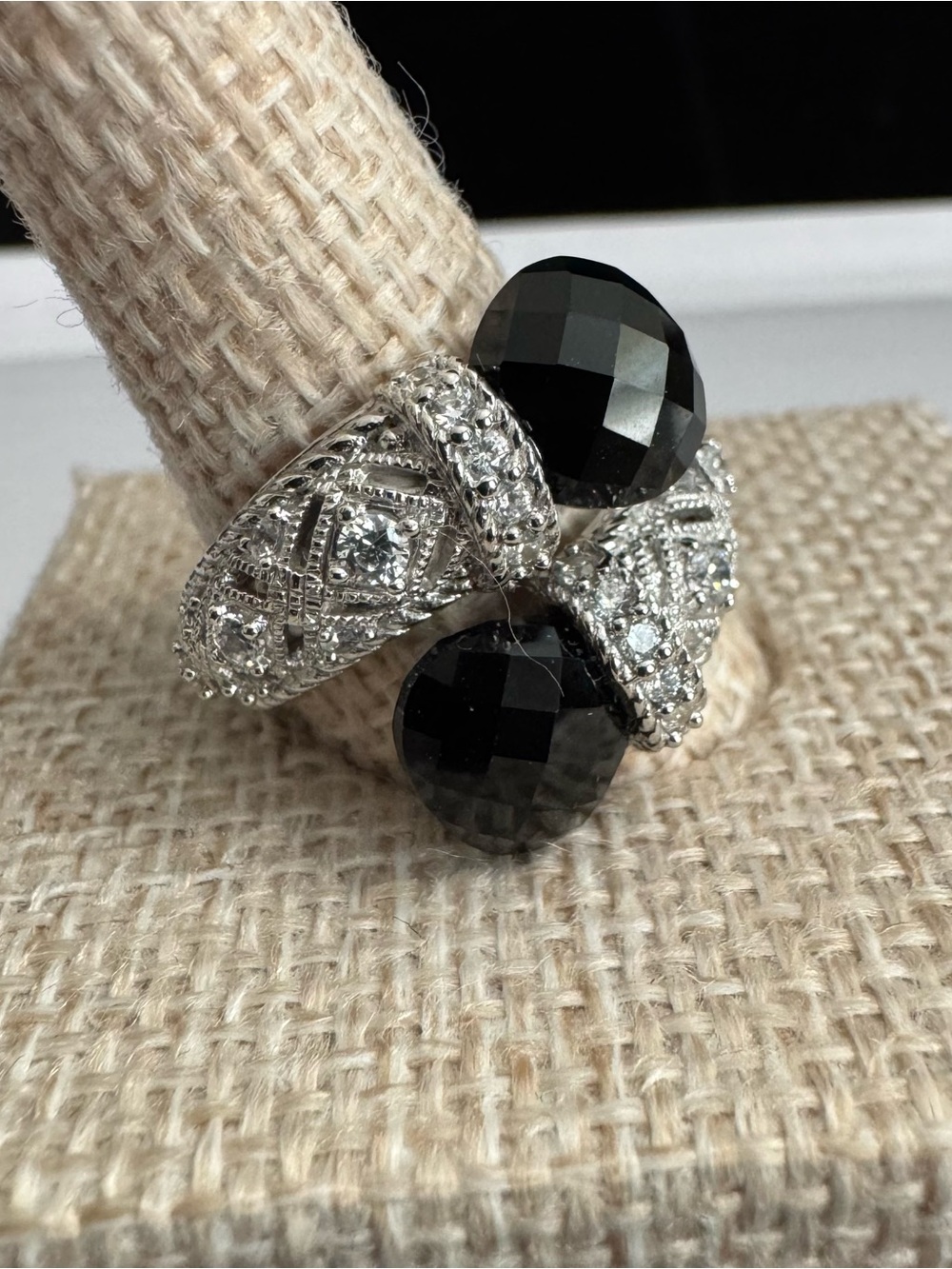 Judith Ripka 925 Silver Black Faceted Double Onyx Stones & Pave’ Diamonique Ring